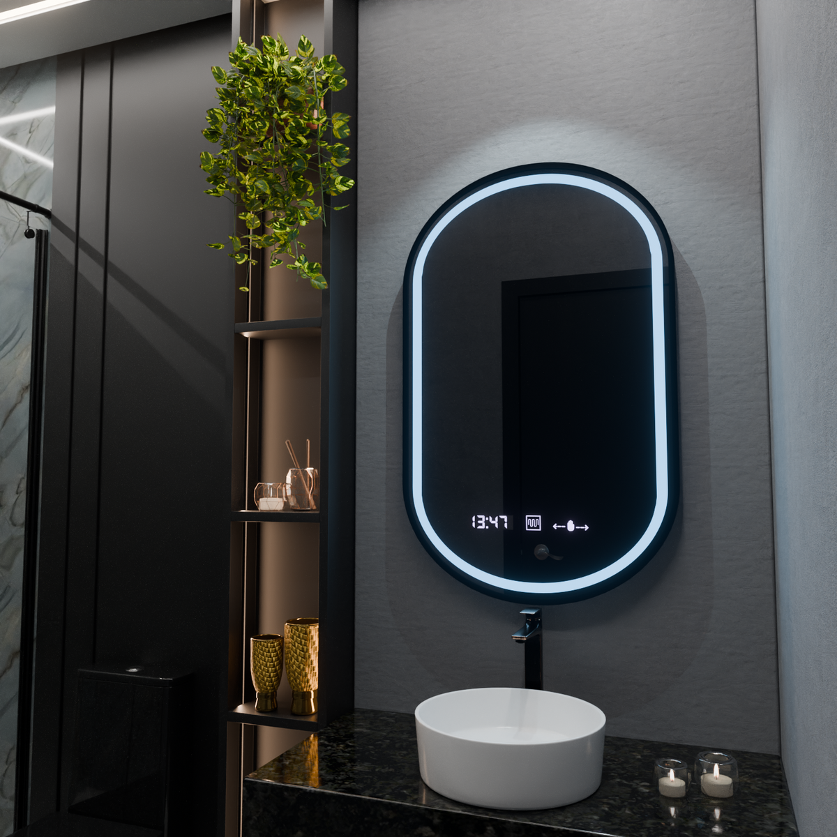 Oglinda LED Ovala, 50x80cm, Alessia MotionGlow Marcello, Sistem Dezaburire, Ceas & Termometru, Dimabila, imaginea 3