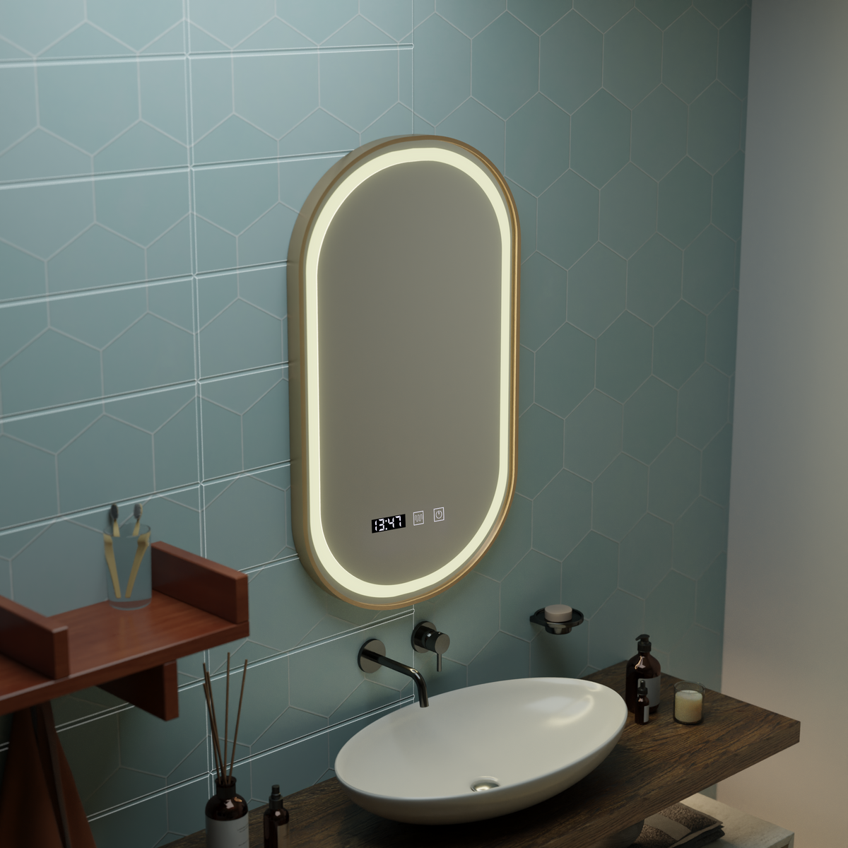 Oglinda LED Touch Siegfried Sistem Dezaburire, Ceas si Temperatura, 45x90cm, Rama Auriu Brushed, Lumina Calda Neutra Rece 3000K/4000K/6000K