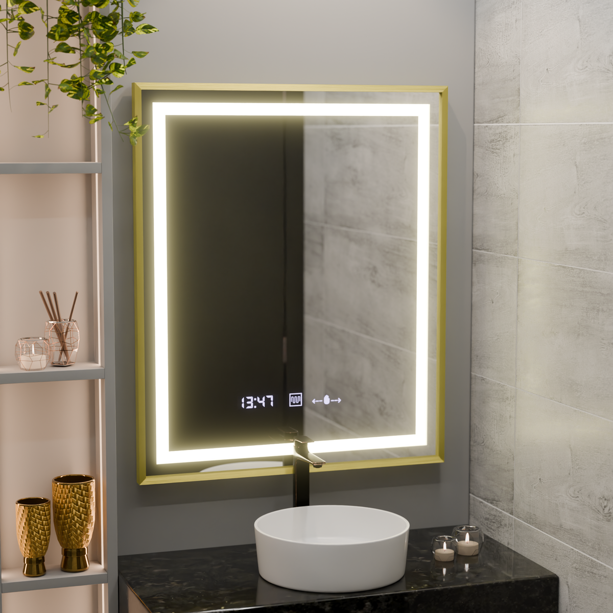 Oglinda LED Rectangulara, 75x90cm, Verite Royale Gold MotionGlow Marcello, Sistem Dezaburire, Ceas & Termometru, Dimabila