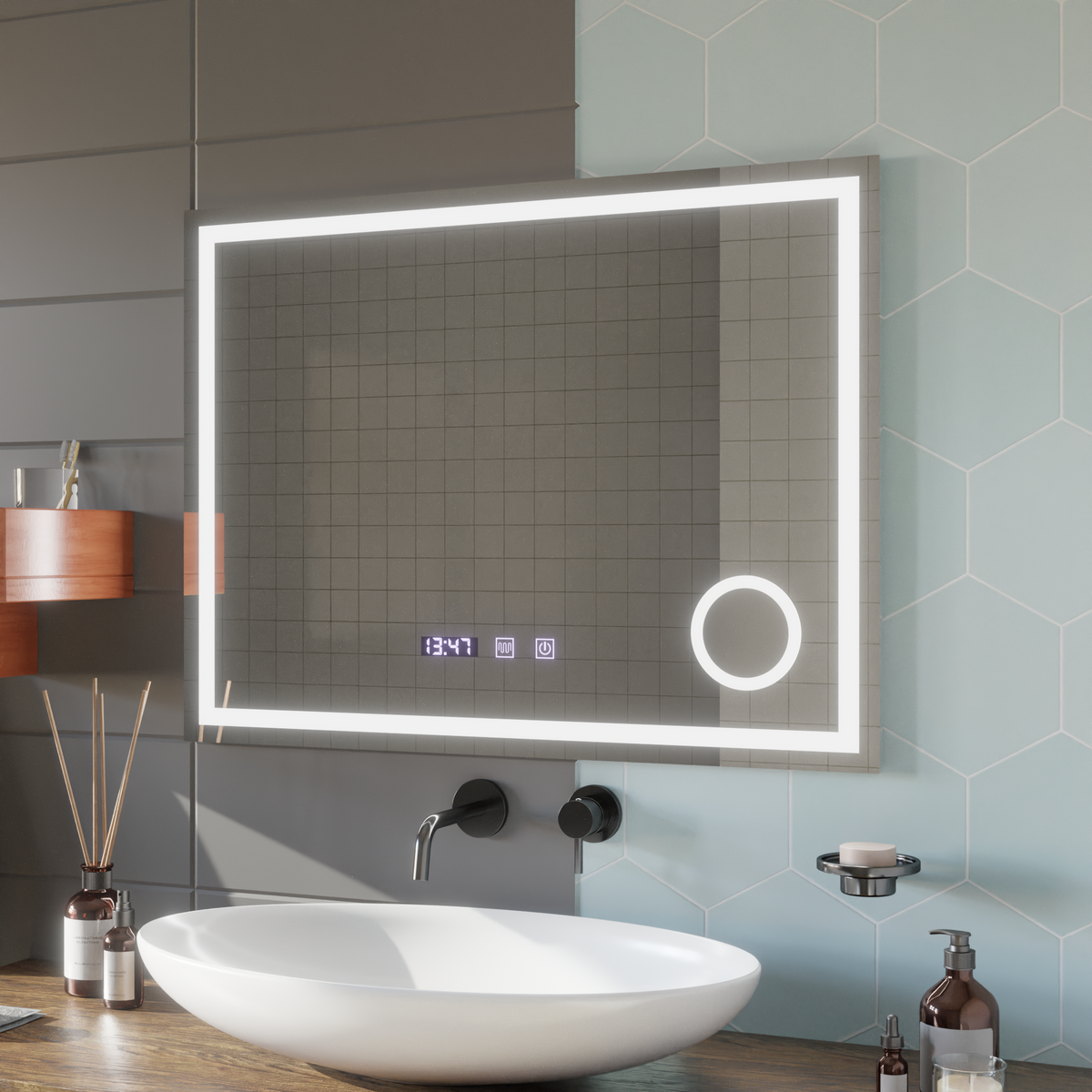 Oglinda LED Touch NIVERA Sistem Dezaburire, Ceas si Temperatura 80x60 cm Lupa Cosmetica, imaginea 6