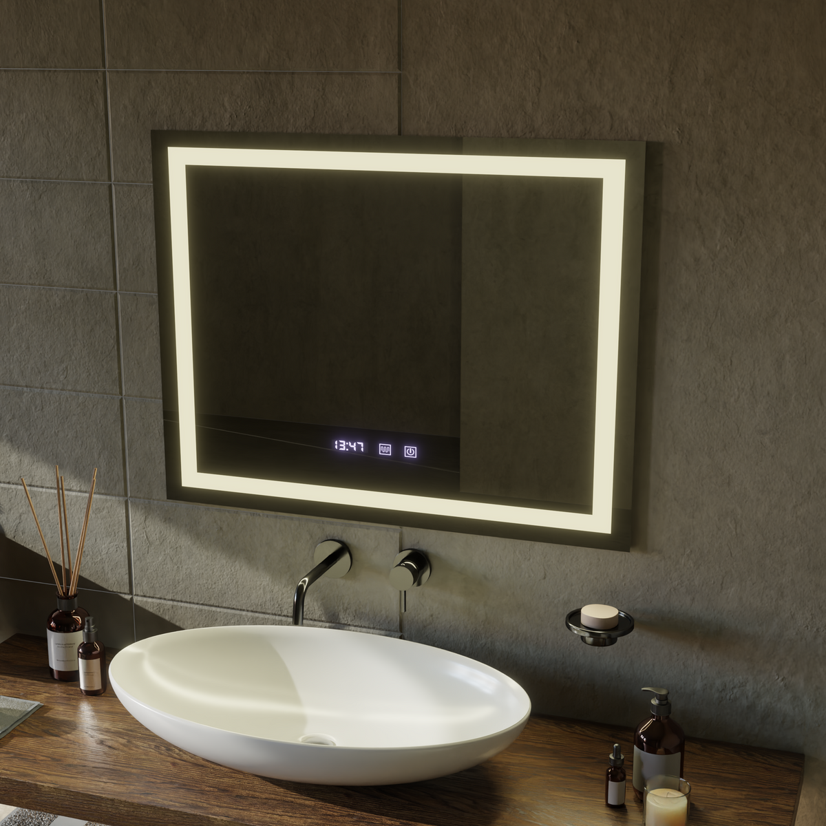 Oglinda LED Touch MODENA Sistem Dezaburire, Ceas si Temperatura 80x60 cm