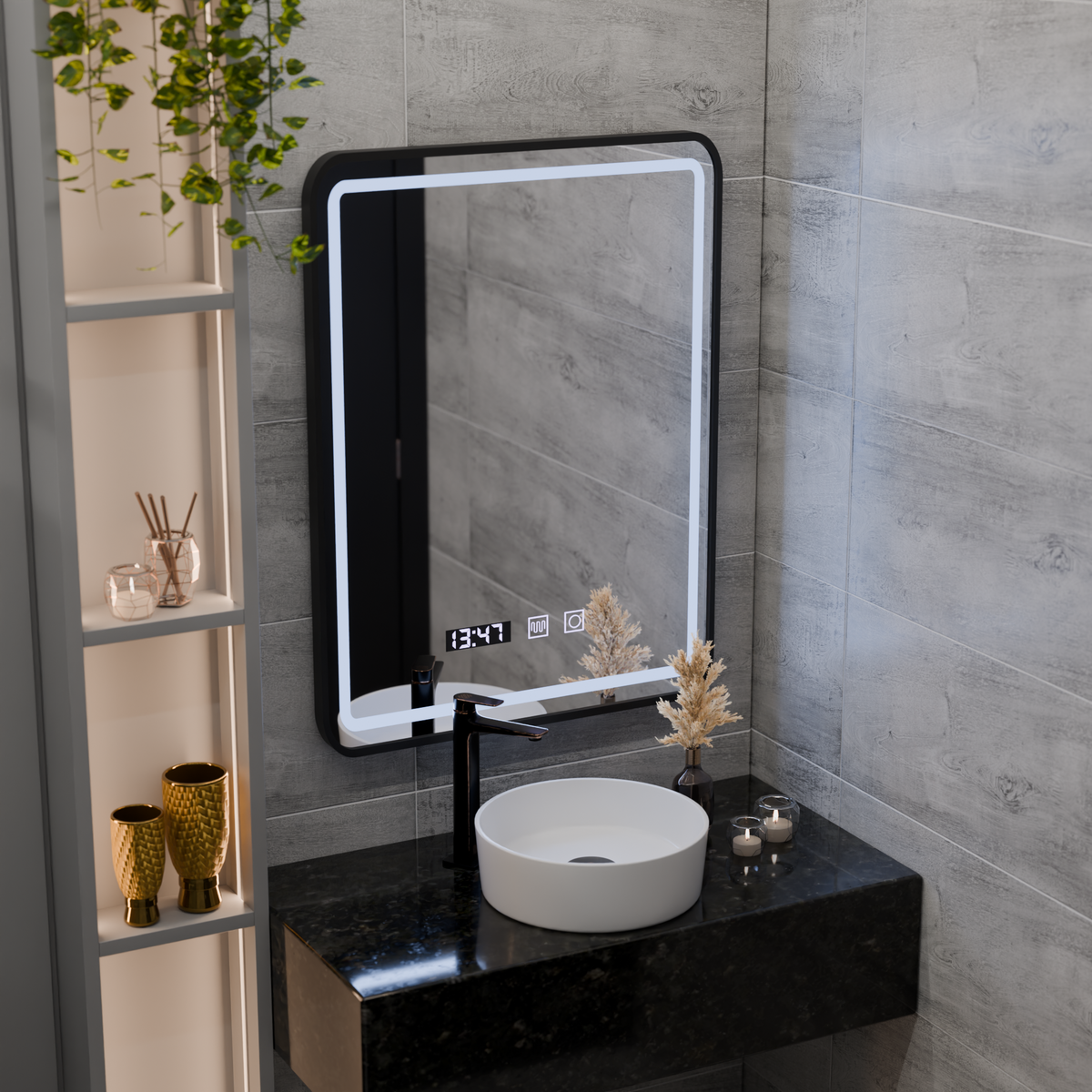 Oglinda LED Touch LUCIDA Sistem Dezaburire, Ceas si Temperatura 50x70 cm Rama Negru Brushed, imaginea 6