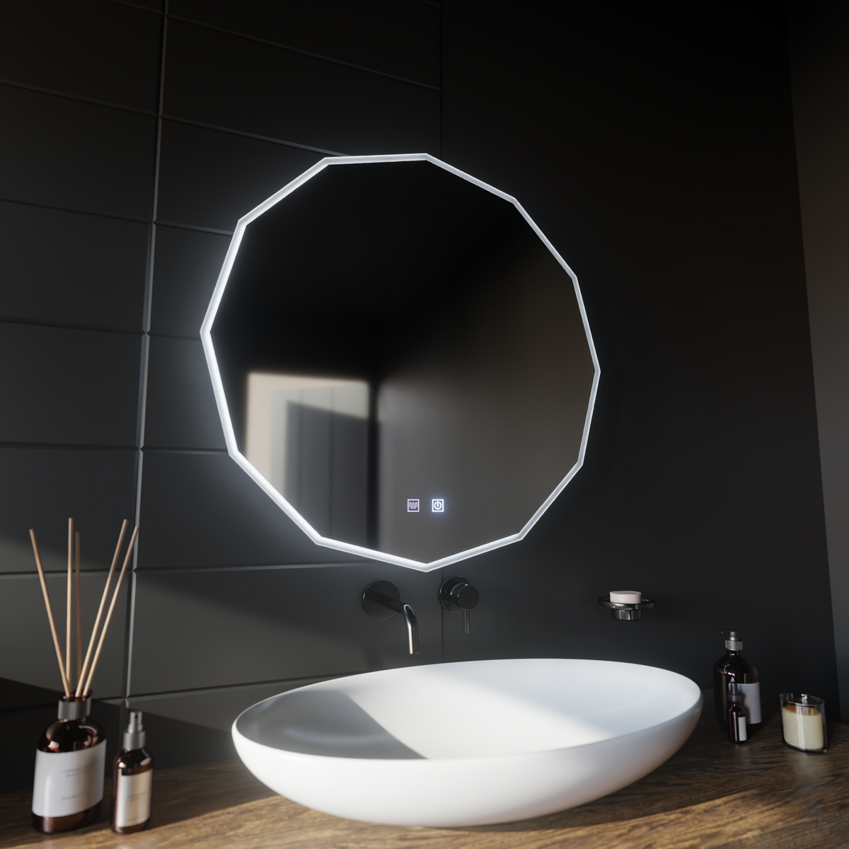 Oglinda LED Rotunda, 70cm, VIVO Touch, Sistem Dezaburire, Dimabila