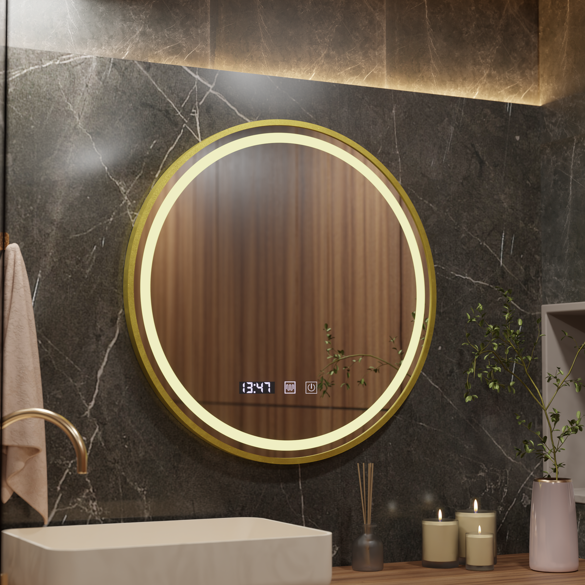 Oglinda LED Touch LUSSO Sistem Dezaburire, Ceas si Temperatura, 50 cm, rama Auriu Brushed, imaginea 3