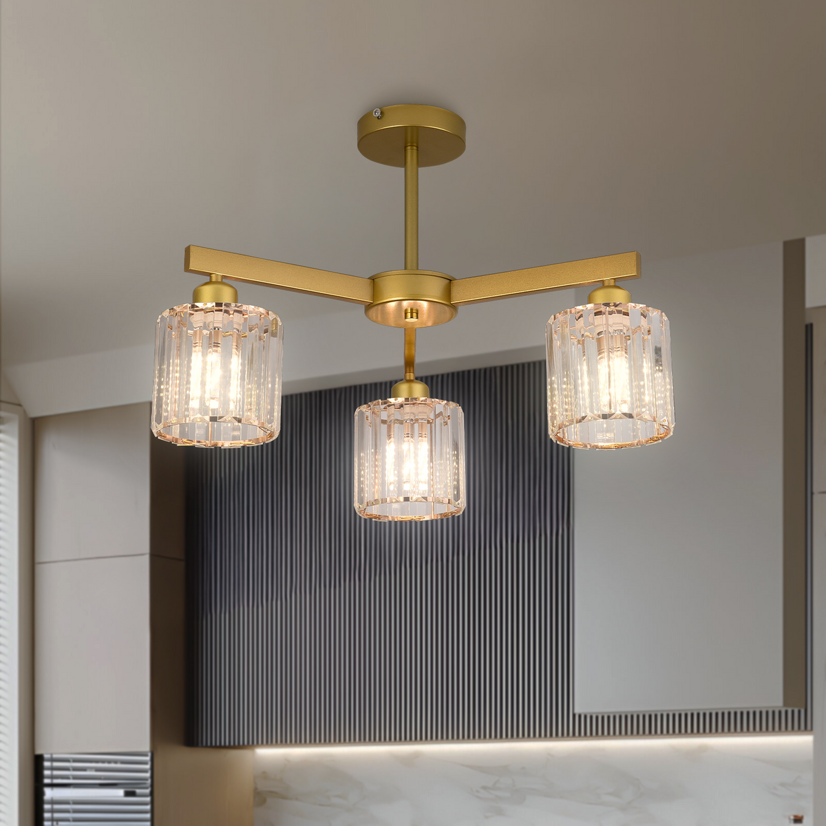 Lustra Clasica Moderna LC110/3GD cu Cristal, 3x E27, Auriu, Metal si Cristal