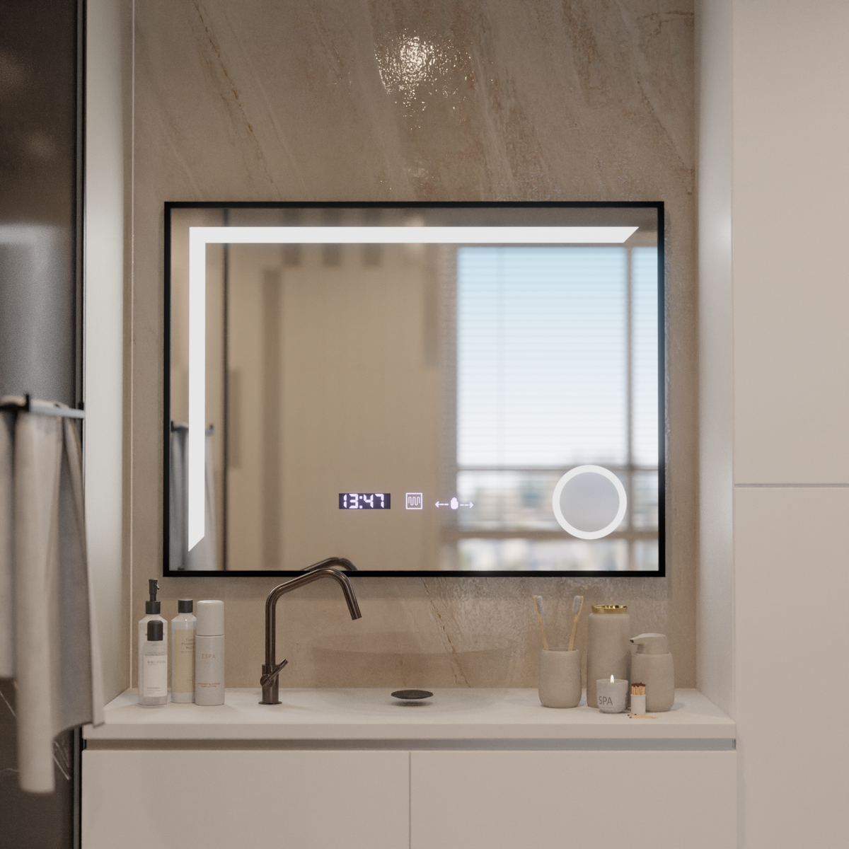 Oglinda LED Senzor MotionGlow Francesca 80x60 cm Lumina Calda/Rece/Neutra Dimabila Sistem Dezaburire Termometru Ceas, imaginea 3