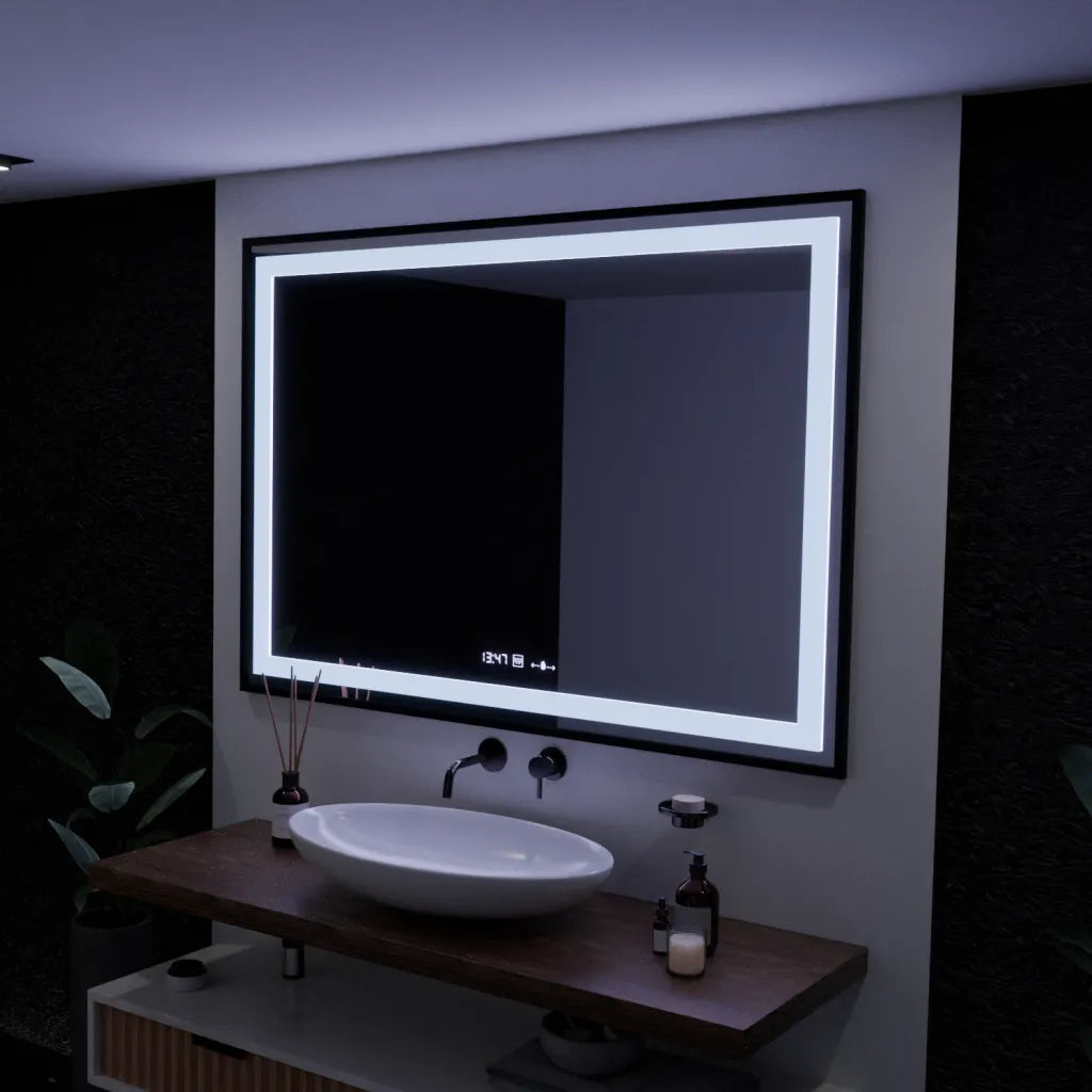 Oglinda LED Rectangulara, 100x70cm, Verite Majeste Noir Motion Glow Marcello, Sistem Dezaburire, Ceas & Termometru, Dimabila