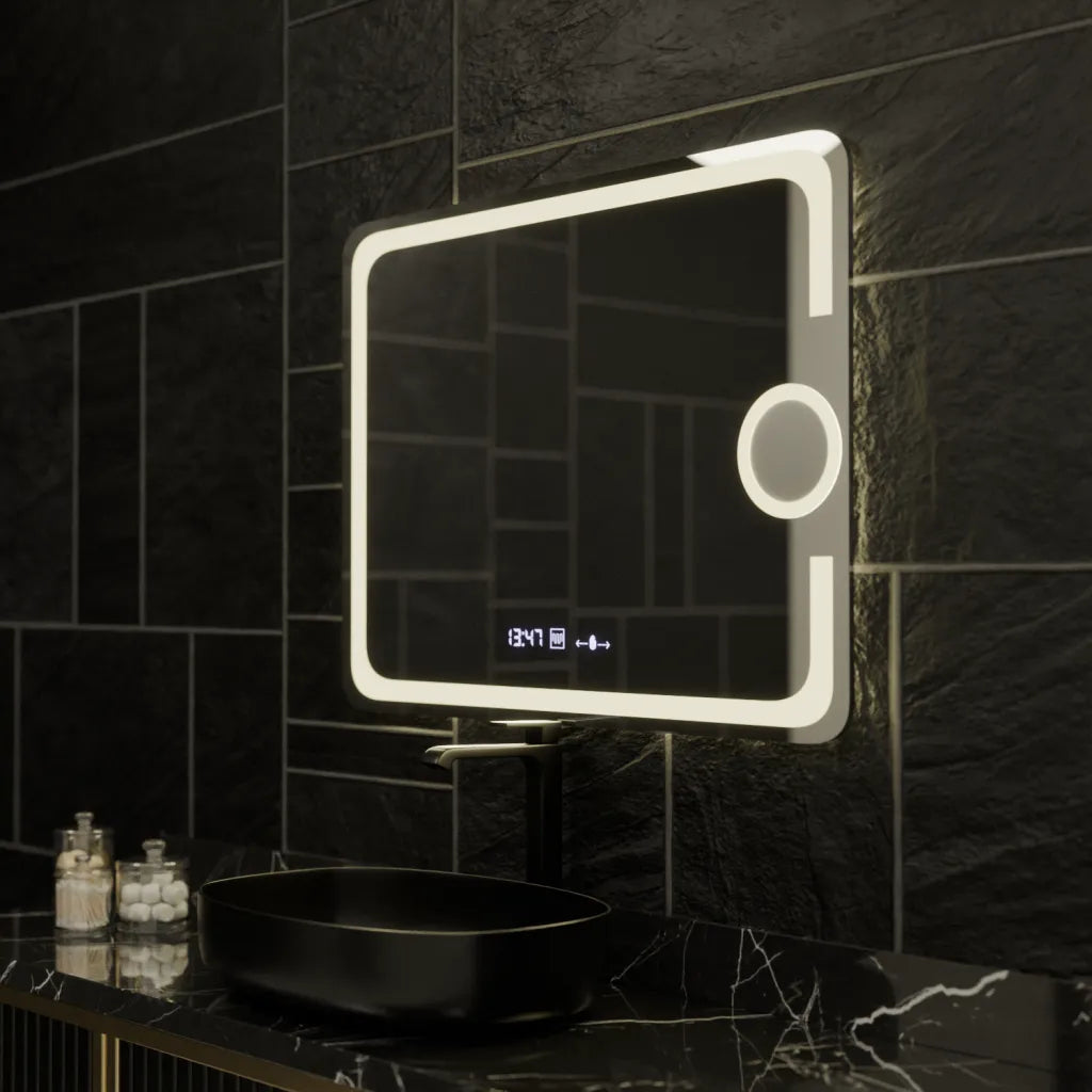 Oglinda LED Rectangulara, 80x60cm, Eclat MotionGlow Marcello, Sistem Dezaburire, Ceas & Termometru, Lupa Cosmetica, Dimabila