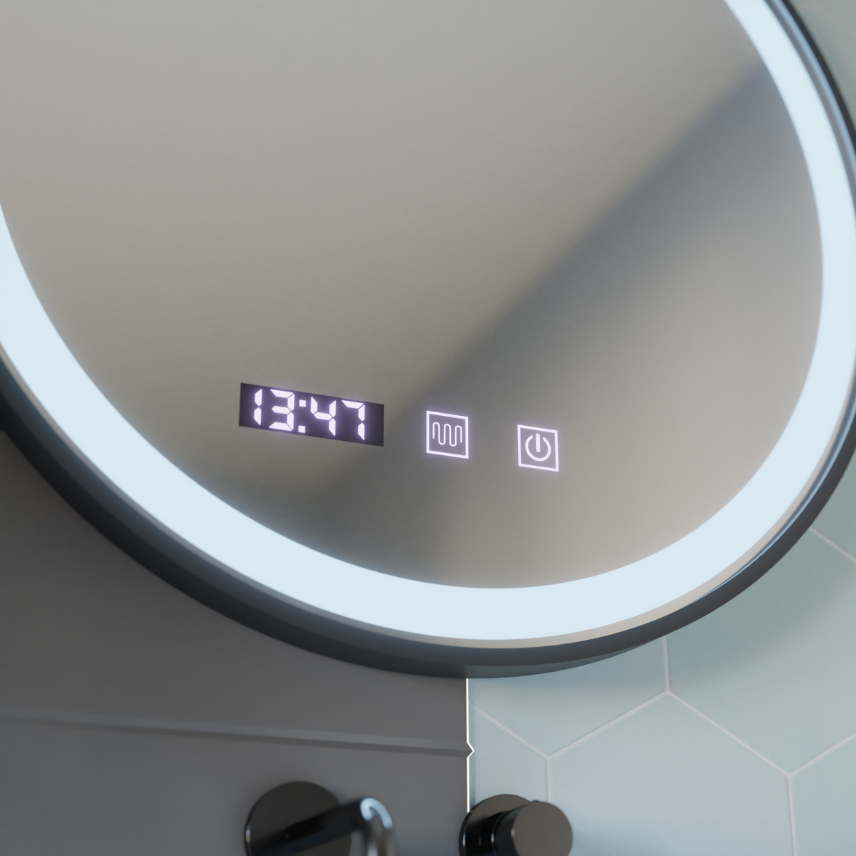 Oglinda LED Touch NOVARA Sistem Dezaburire, Ceas si Temperatura 70 cm Rama Negru Brushed