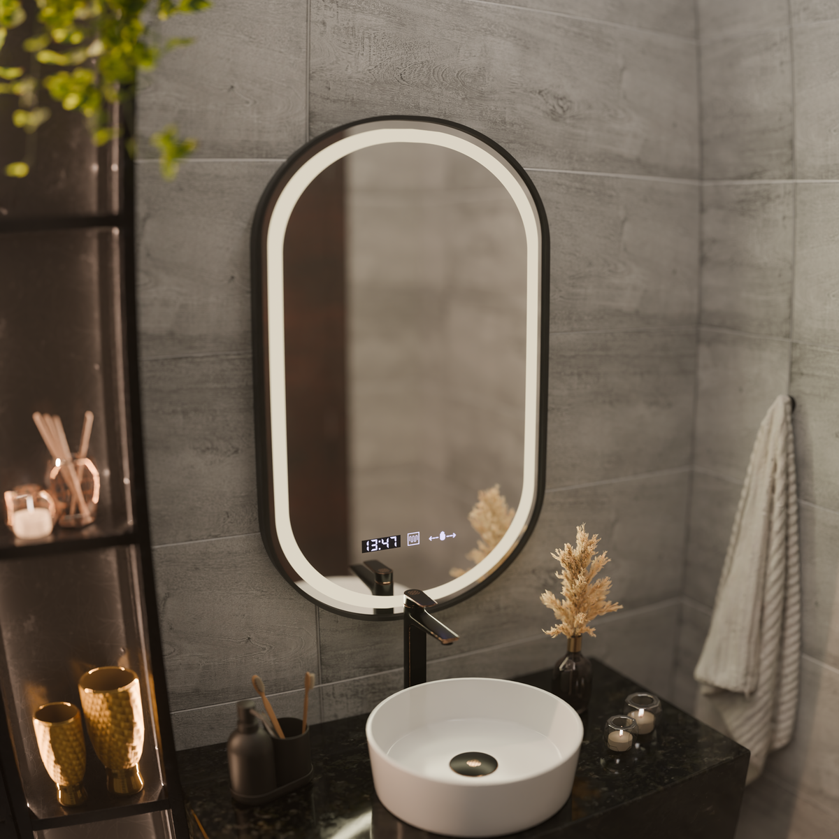 Helmut Touch LED Mirror, Defog System, Clock and Temperature 45x90 cm, Black Frame, Brushed, AT1CT-IM1P-OG1D-S15/45X90,