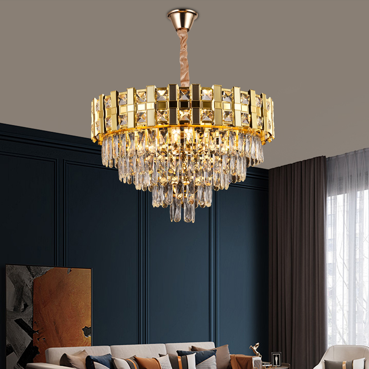 Candelabru Cristal BRAN Mango 8xE14, Diametru 60cm, Auriu Lucios, Inaltime Reglabila