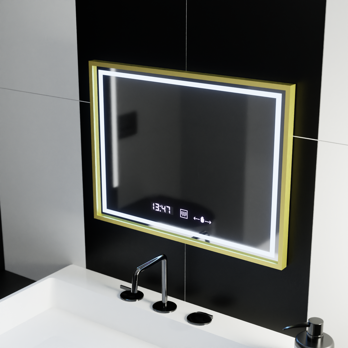 Oglinda LED Rectangulara, 80x60cm, Verite Royale Gold MotionGlow Marcello, Sistem Dezaburire, Ceas & Termometru, Dimabila