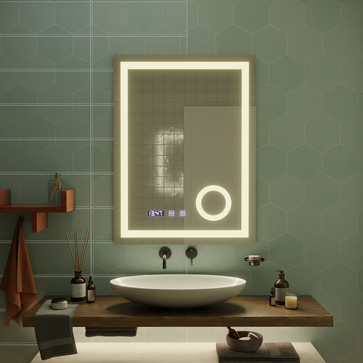 Oglinda LED Touch NIVERA Sistem Dezaburire, Ceas si Temperatura 60x80 cm Lupa Cosmetica, imaginea 3