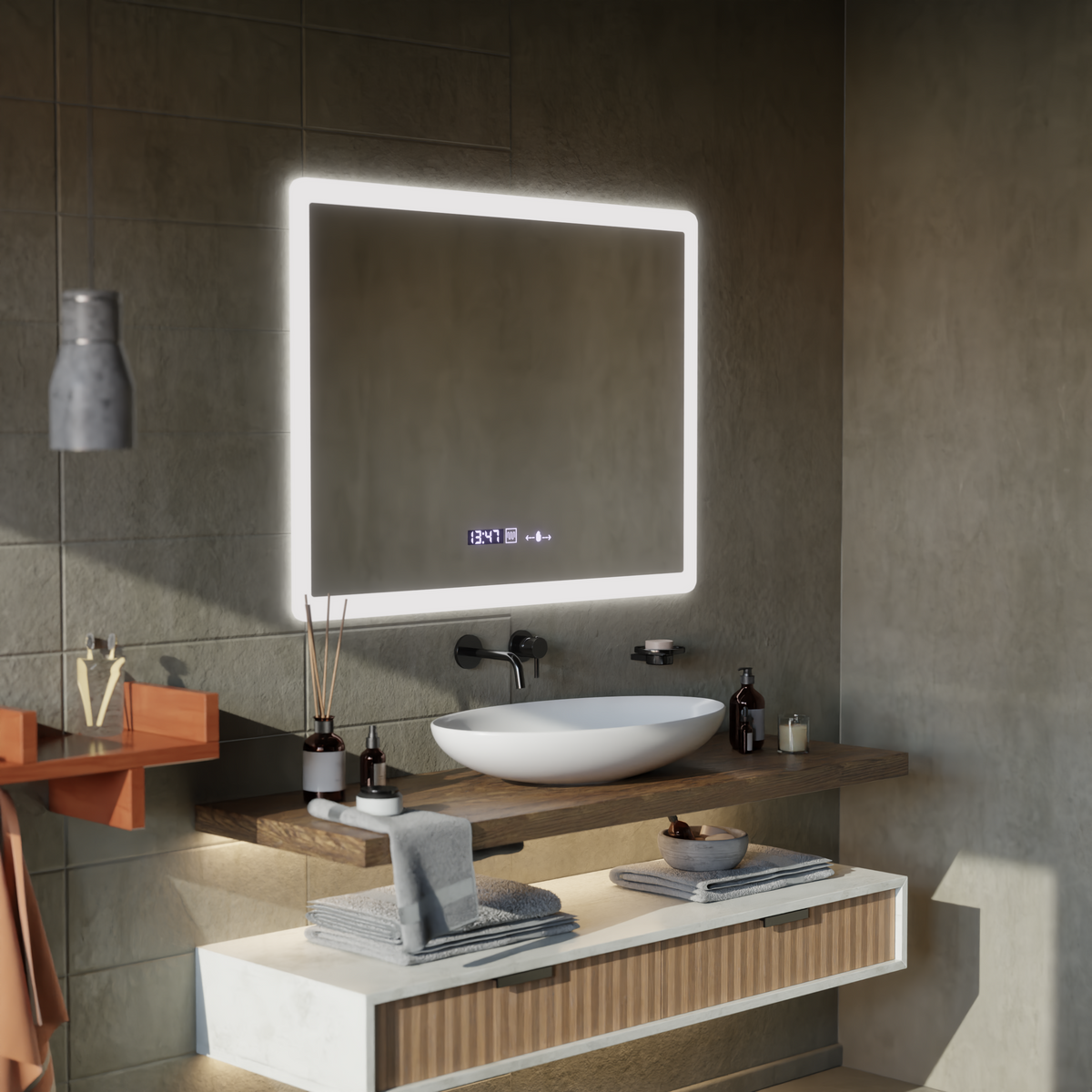Oglinda LED Rectangulara, 80x60cm, ELANCEE Senzor MotionGlow Marcello, Sistem Dezaburire, Ceas & Termometru, Dimabila