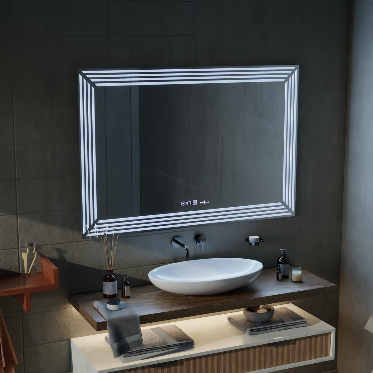 Oglinda LED Rectangulara, 80x60cm, Venezia Senzor MotionGlow Marcello, Sistem Dezaburire, Ceas & Termometru, Dimabila, imaginea 8