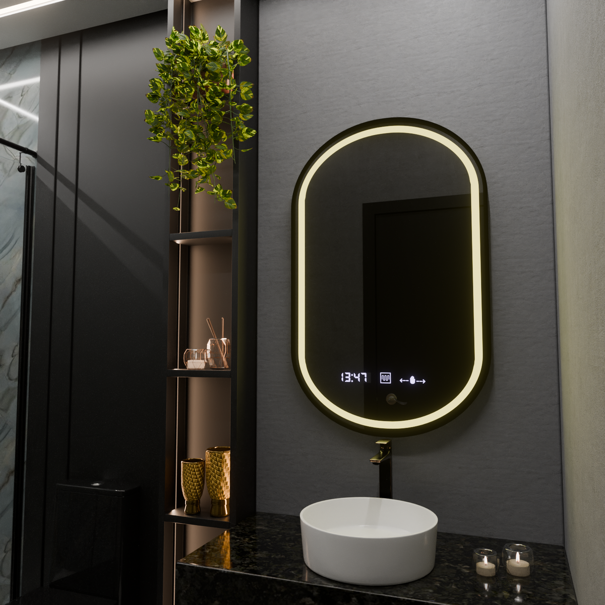 Oglinda LED Ovala, 50x80cm, Alessia MotionGlow Marcello, Sistem Dezaburire, Ceas & Termometru, Dimabila, imaginea 5