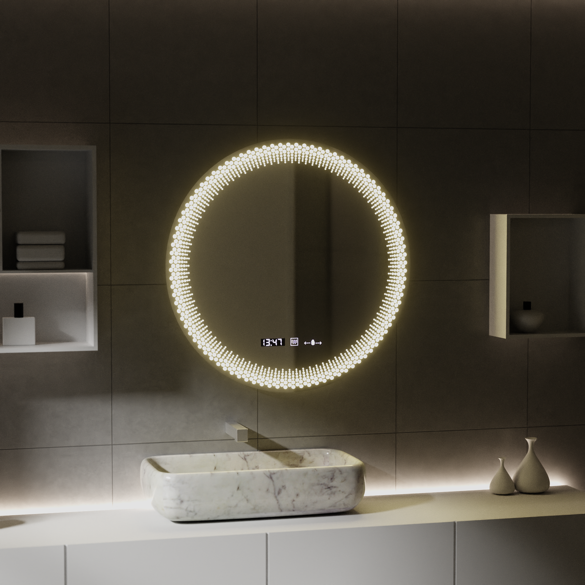 Oglinda LED Rotunda W47/60X60, 60cm, MotionGlow Marcello, Sistem Dezaburire, Ceas & Termometru, Dimabila