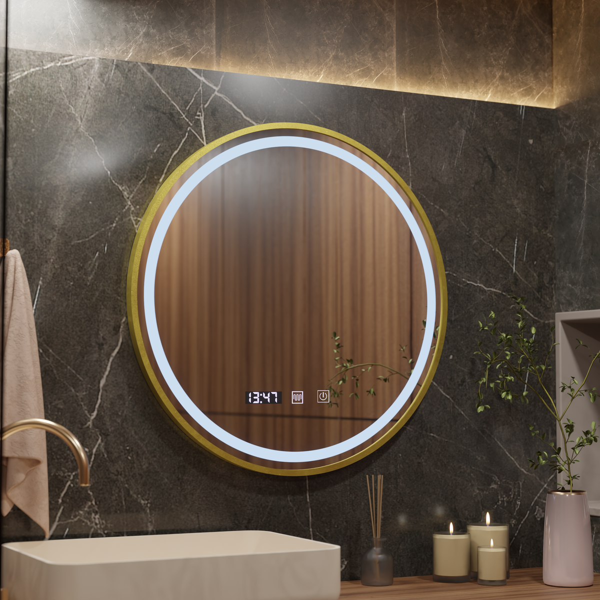 Oglinda LED Touch LUSSO Sistem Dezaburire, Ceas si Temperatura, 50 cm, rama Auriu Brushed, imaginea 4