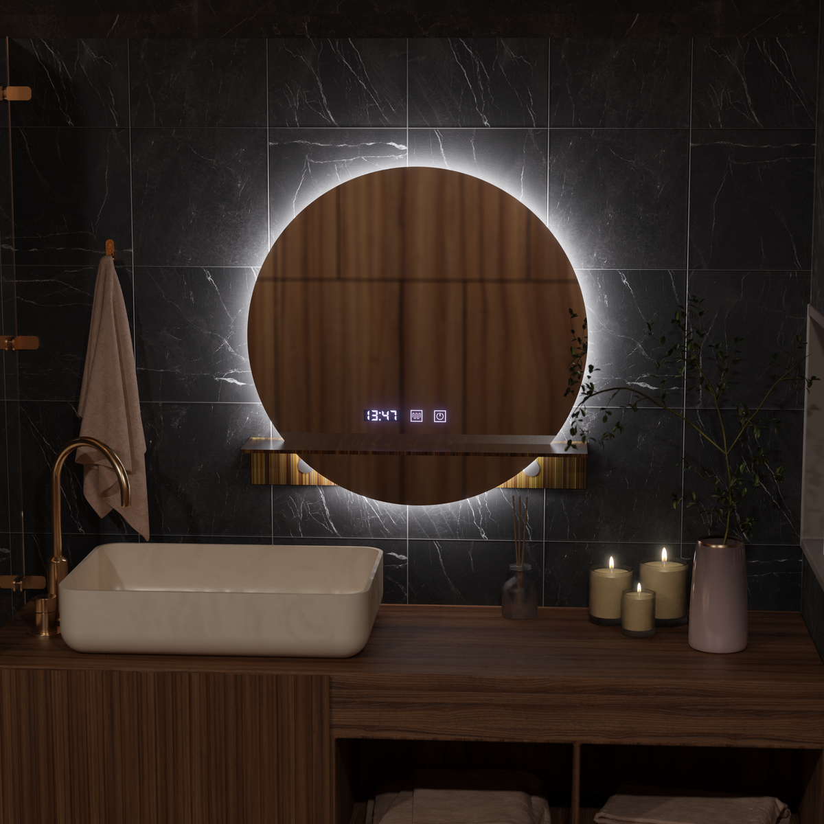 Oglinda LED Touch Alfred Sistem Dezaburire, Ceas si Temperatura 60x60 cm Cu Suport Integrat