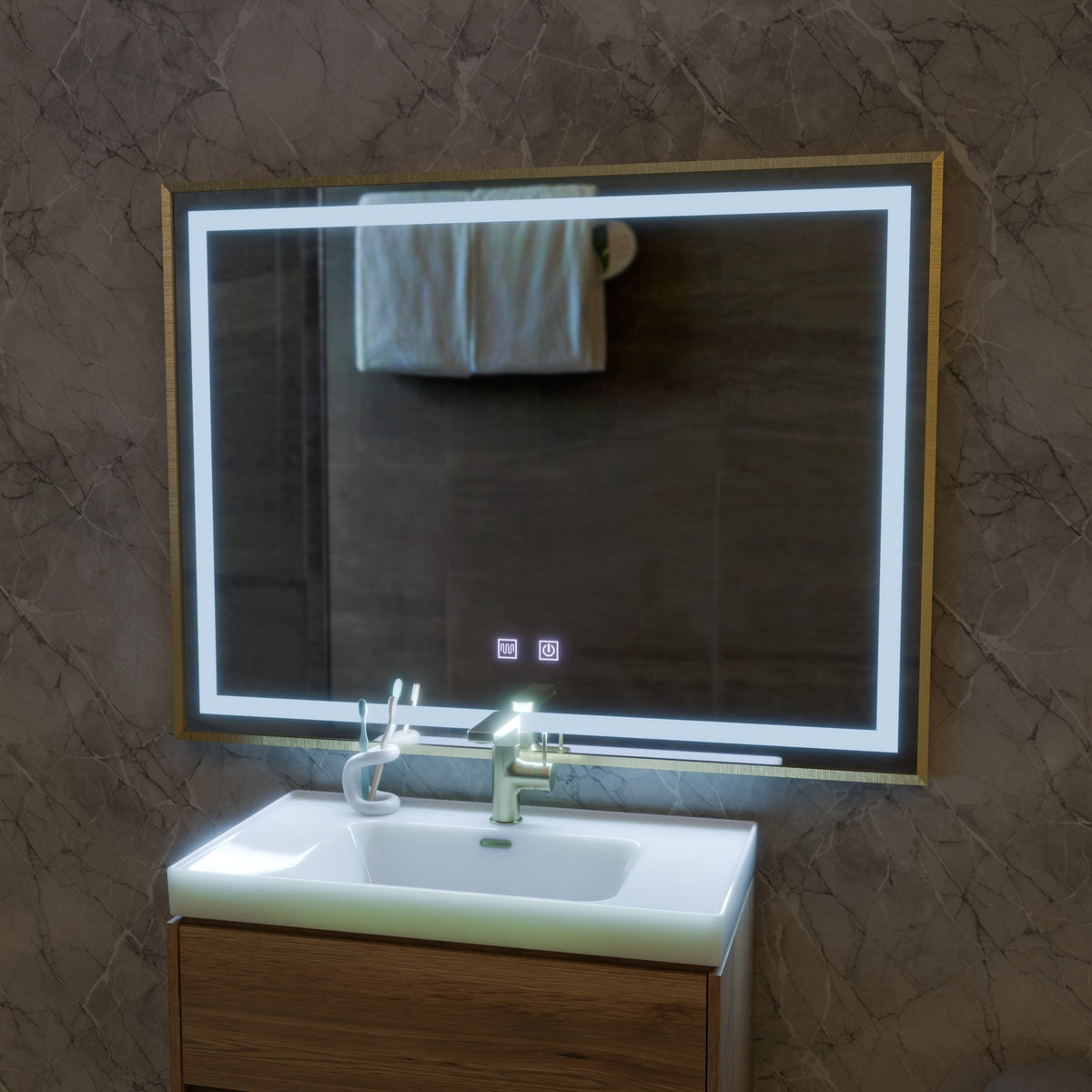 Oglinda LED Touch Kariri, 80x60 cm, functie Dezaburire, Rama Gold Rose Brushed