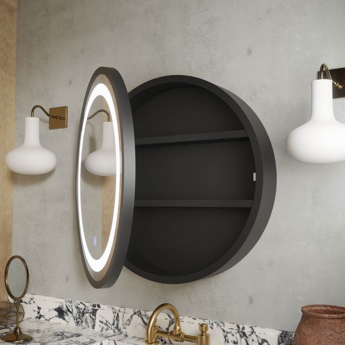 Oglinda LED cu Dulap, Rotunda, 10W, 50x50cm, Dezaburire, Rama Neagra, Spatiu de Depozitare DBP230/50X50BK