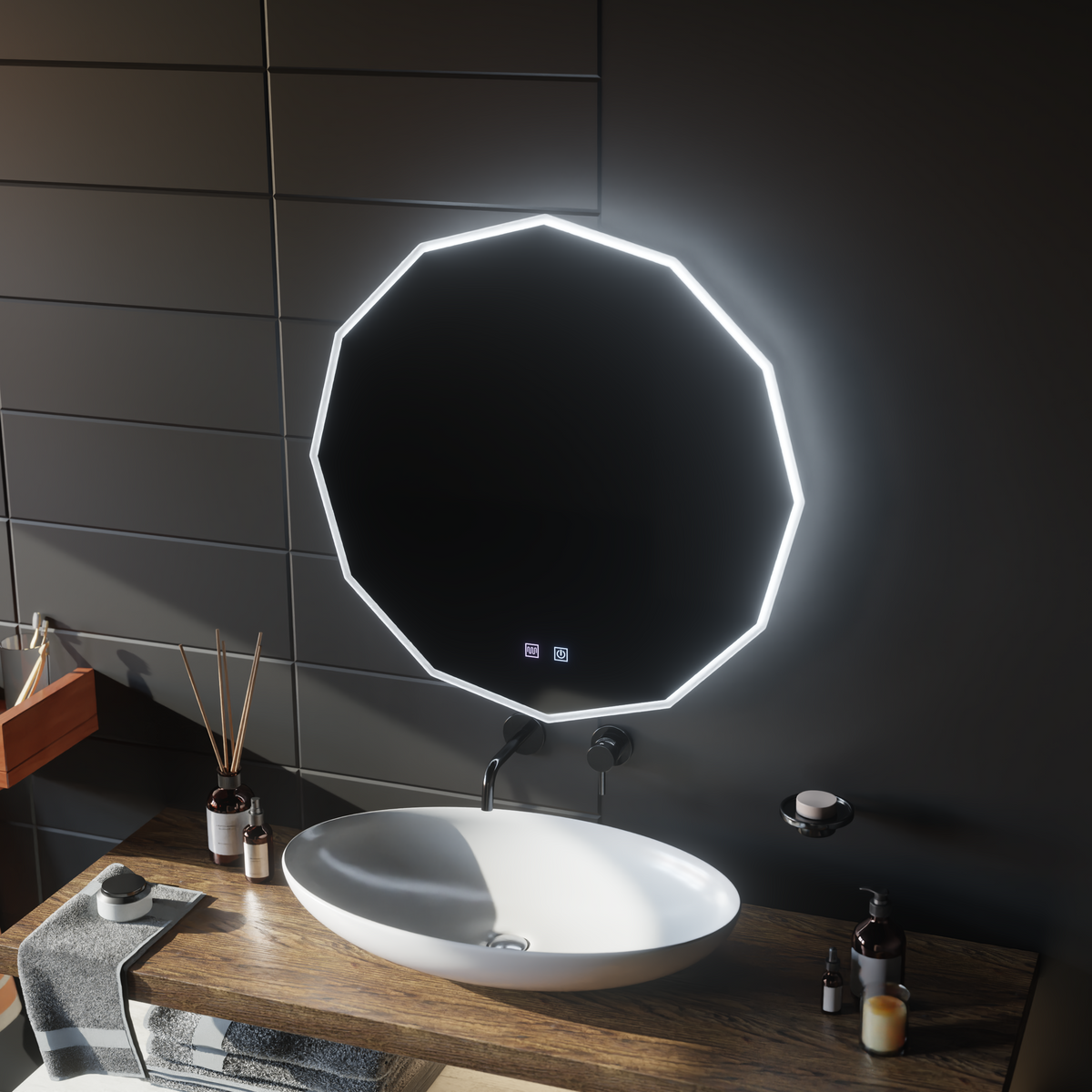 Oglinda LED Rotunda, 50cm, VIVO Touch, Sistem Dezaburire, Dimabila