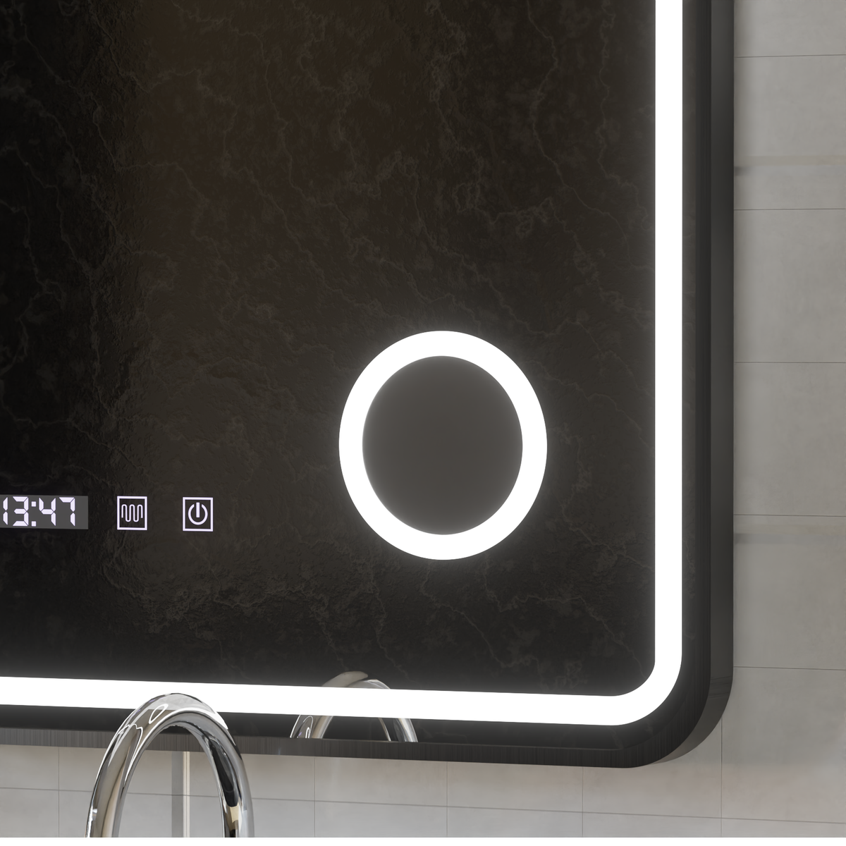 Oglinda LED Touch Ulrich Sistem Dezaburire, Ceas si Temperatura 60x80 cm Rama Negru Brushed Lupa Cosmetica