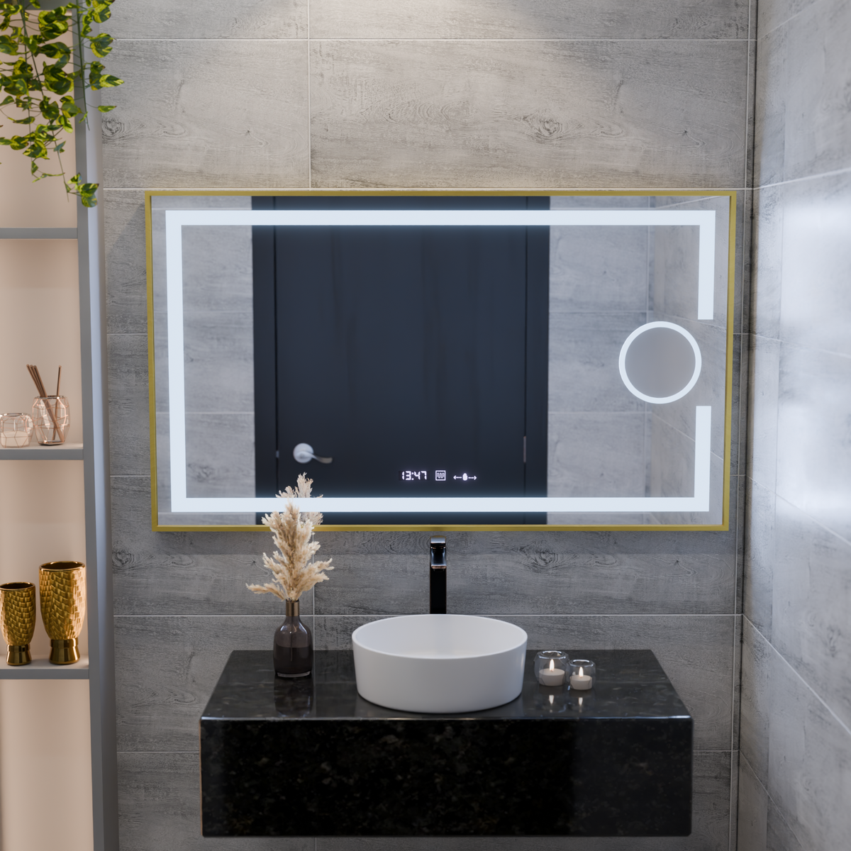 Oglinda LED Rectangulara, 110x65cm, Eclat MotionGlow Marcello, Sistem Dezaburire, Ceas & Termometru, Lupa Cosmetica, Dimabila, Rama Auriu Brushed