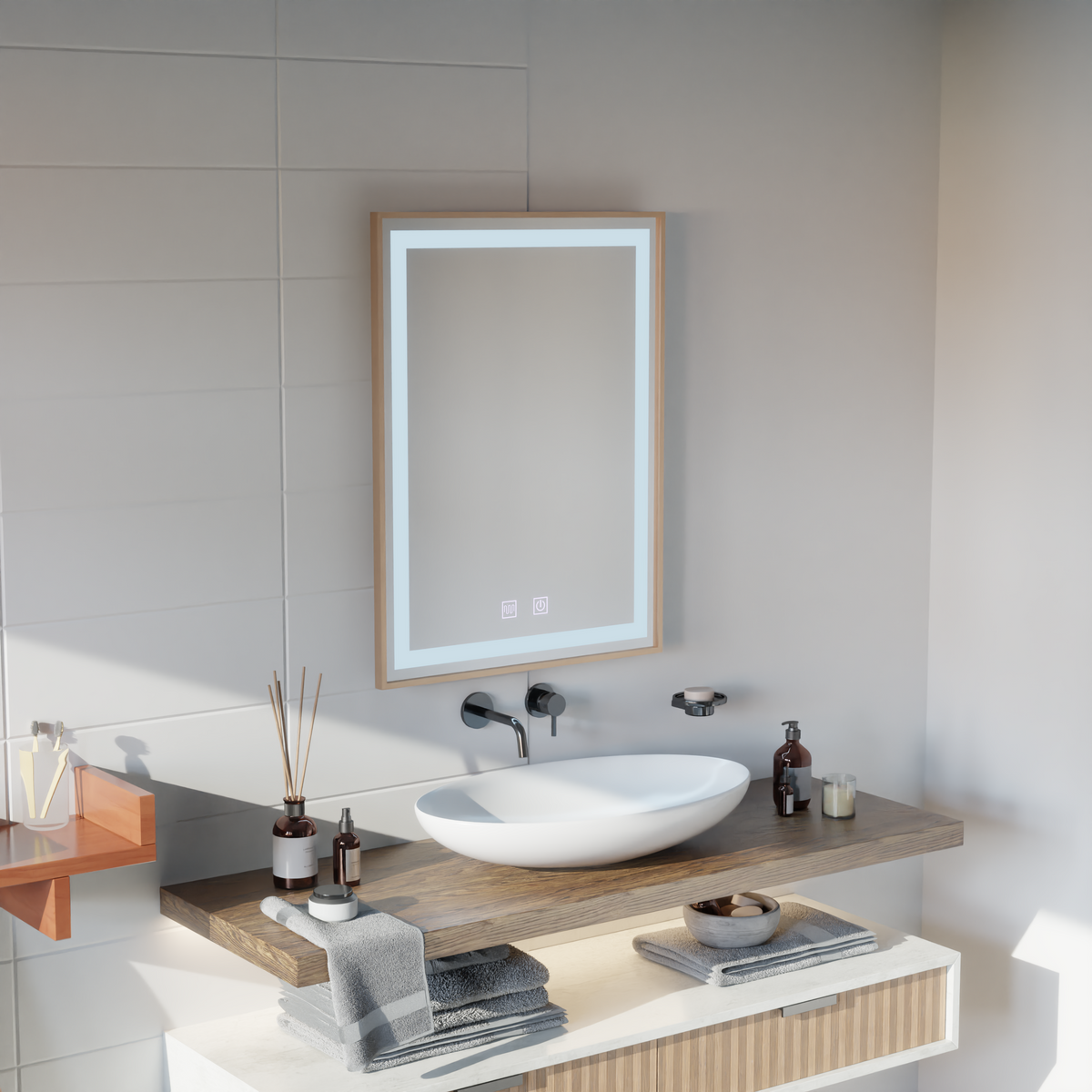 Oglinda LED Touch Kariri, 60x80 cm, functie Dezaburire, Rama Gold Rose Brushed