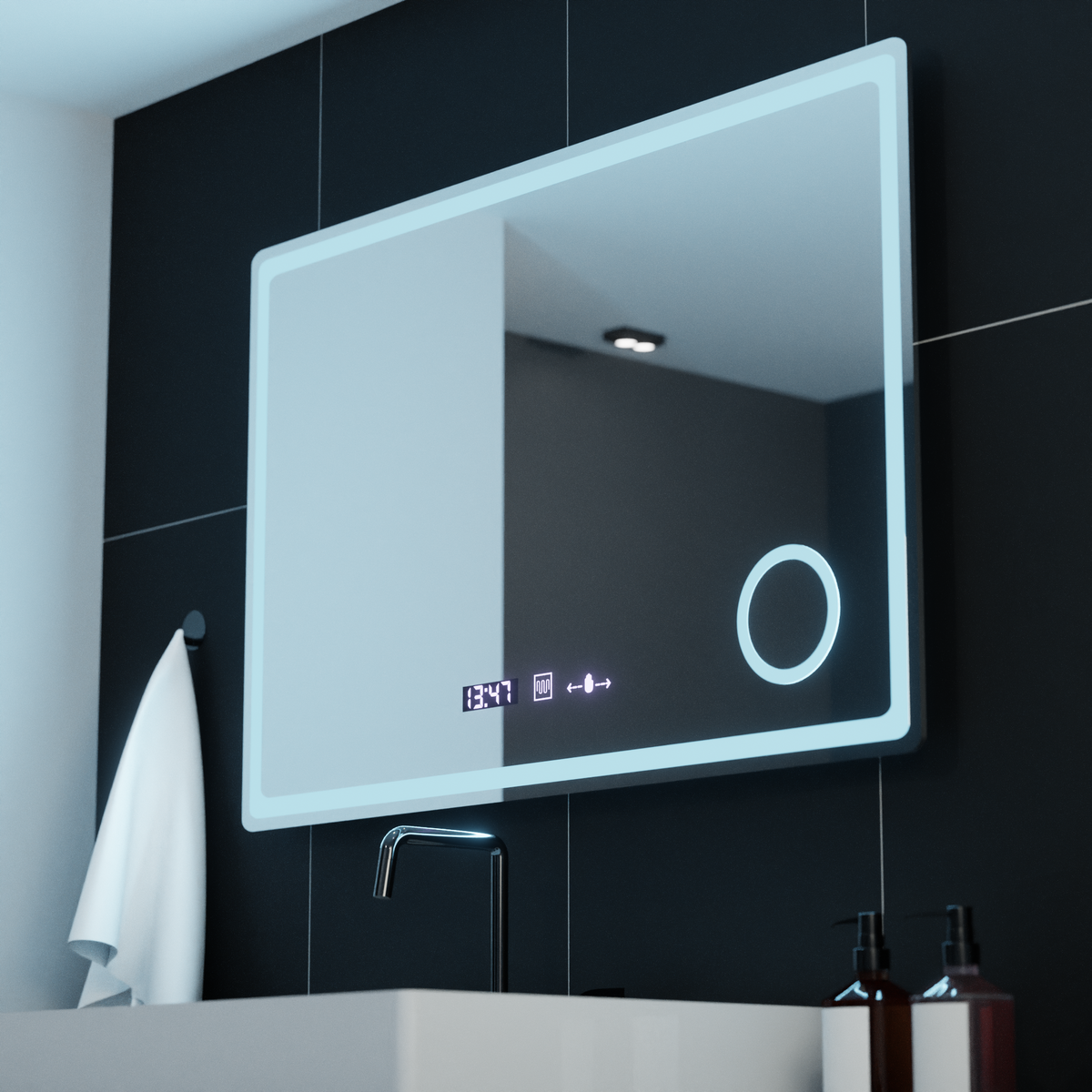 Oglinda LED Rectangulara, 90x60cm, Velour MotionGlow Marcello, Sistem Dezaburire, Ceas & Termometru, Lupa Cosmetica, Dimabila