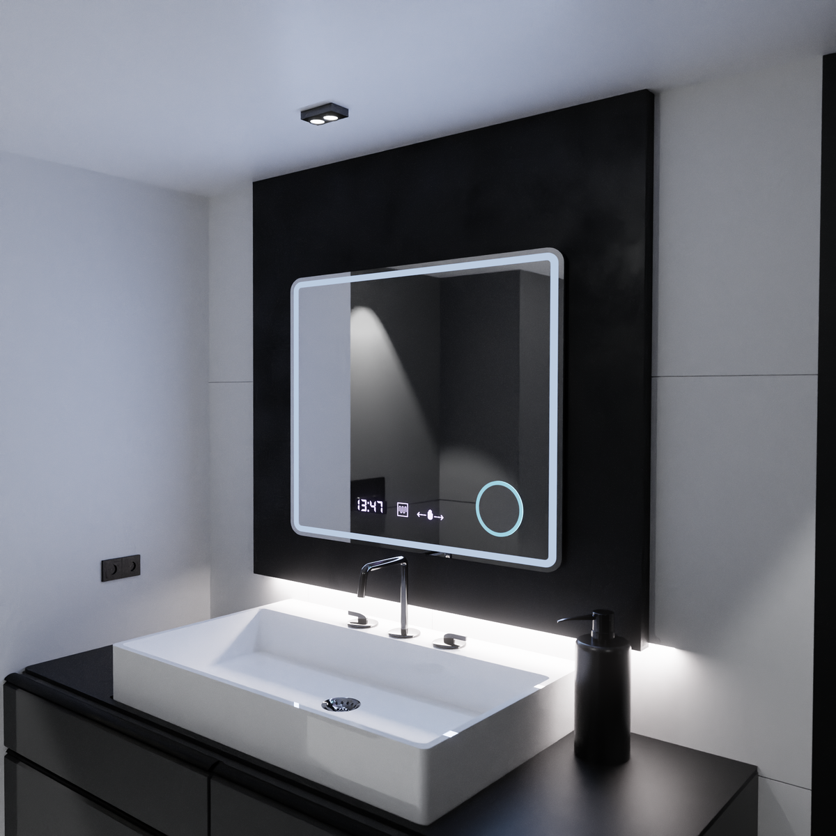 Oglinda LED Rectangulara, 90x75cm, Riflesso MotionGlow Marcello, Sistem Dezaburire, Ceas & Termometru, Lupa Cosmetica, Dimabila