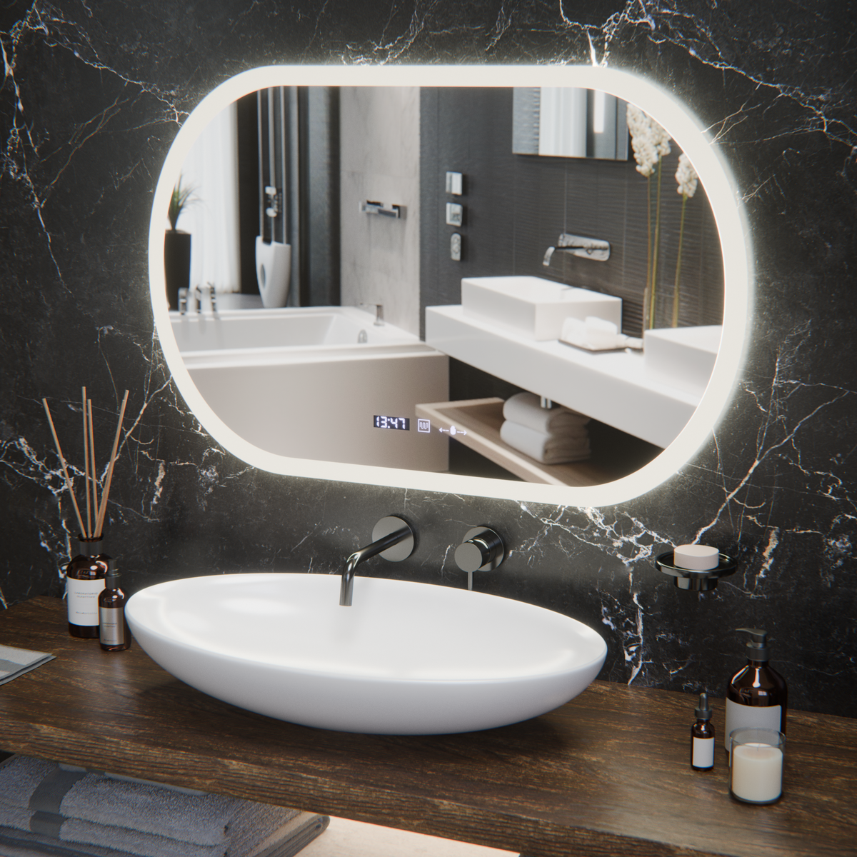 Oglinda LED Ovala, 80x50cm, Altera Senzor MotionGlow Marcello, Sistem Dezaburire, Ceas & Termometru, Dimabila