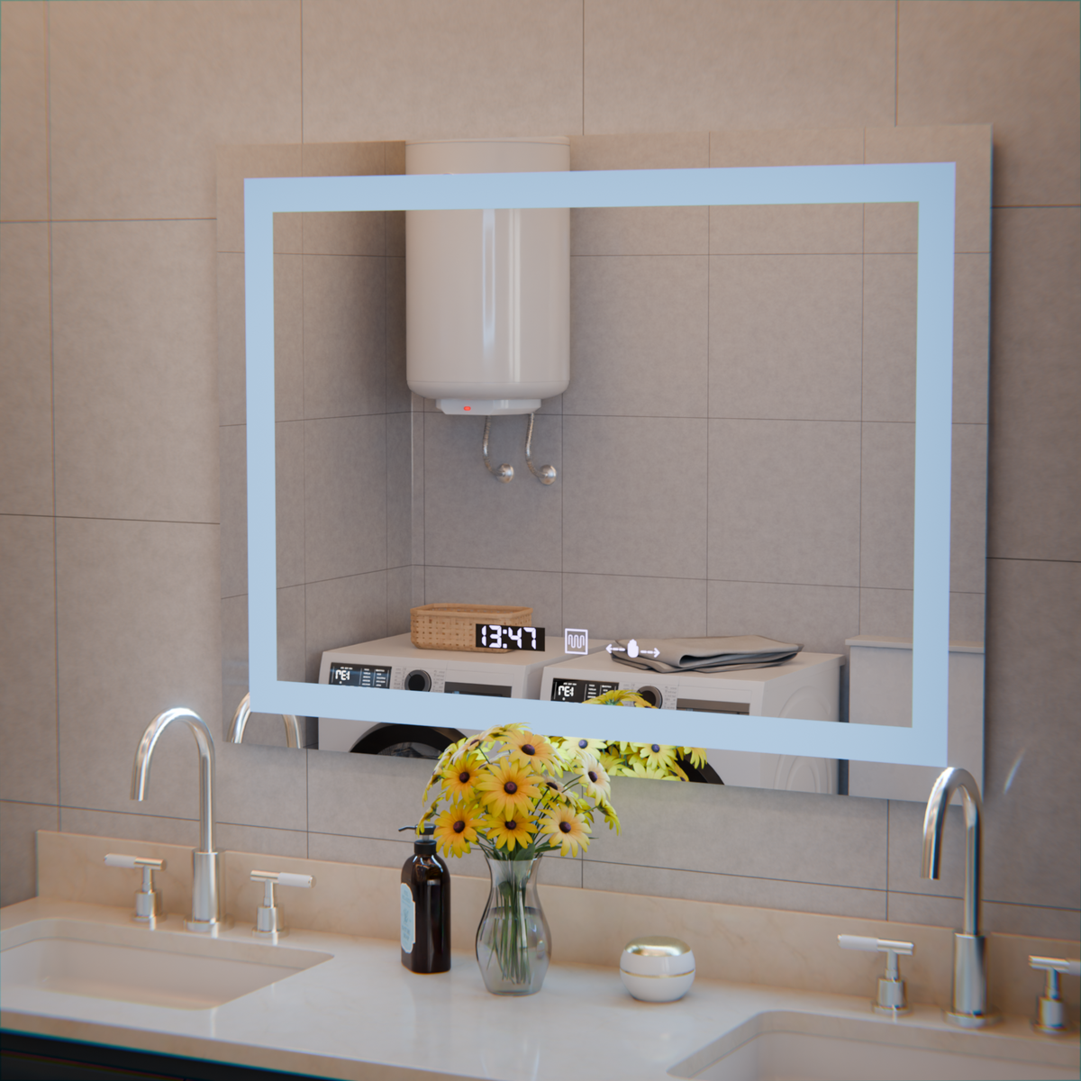 Oglinda LED Rectangulara, 80x60cm, Verite MotionGlow Marcello, Sistem Dezaburire, Ceas & Termometru, Dimabila
