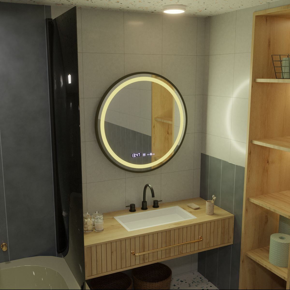 Oglinda LED Rotunda, 80cm, Celeste Majesté Noir MotionGlow Marcello, Sistem Dezaburire, Ceas & Termometru, Dimabila