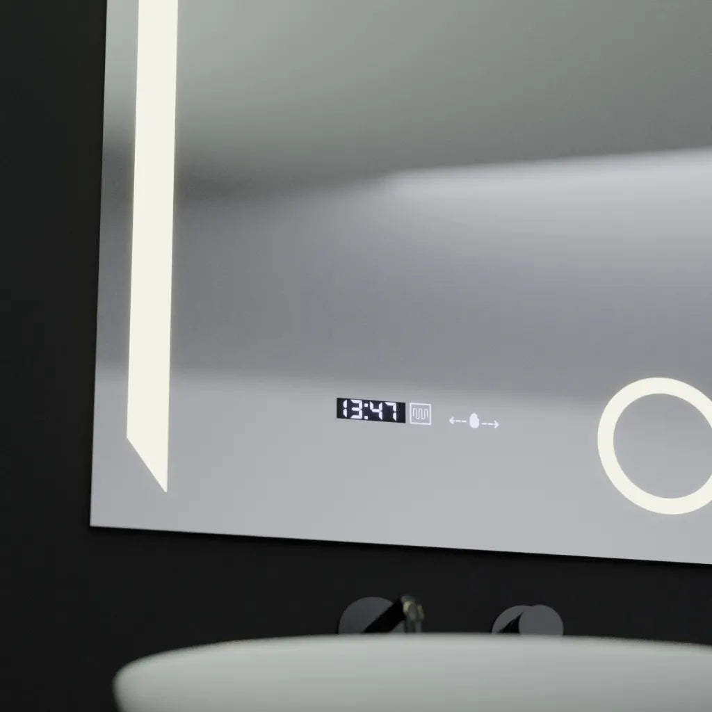 Oglinda LED Rectangulara, 60x80cm, Precision MotionGlow Marcello, Sistem Dezaburire, Ceas & Termometru, Lupa Cosmetica, Dimabila