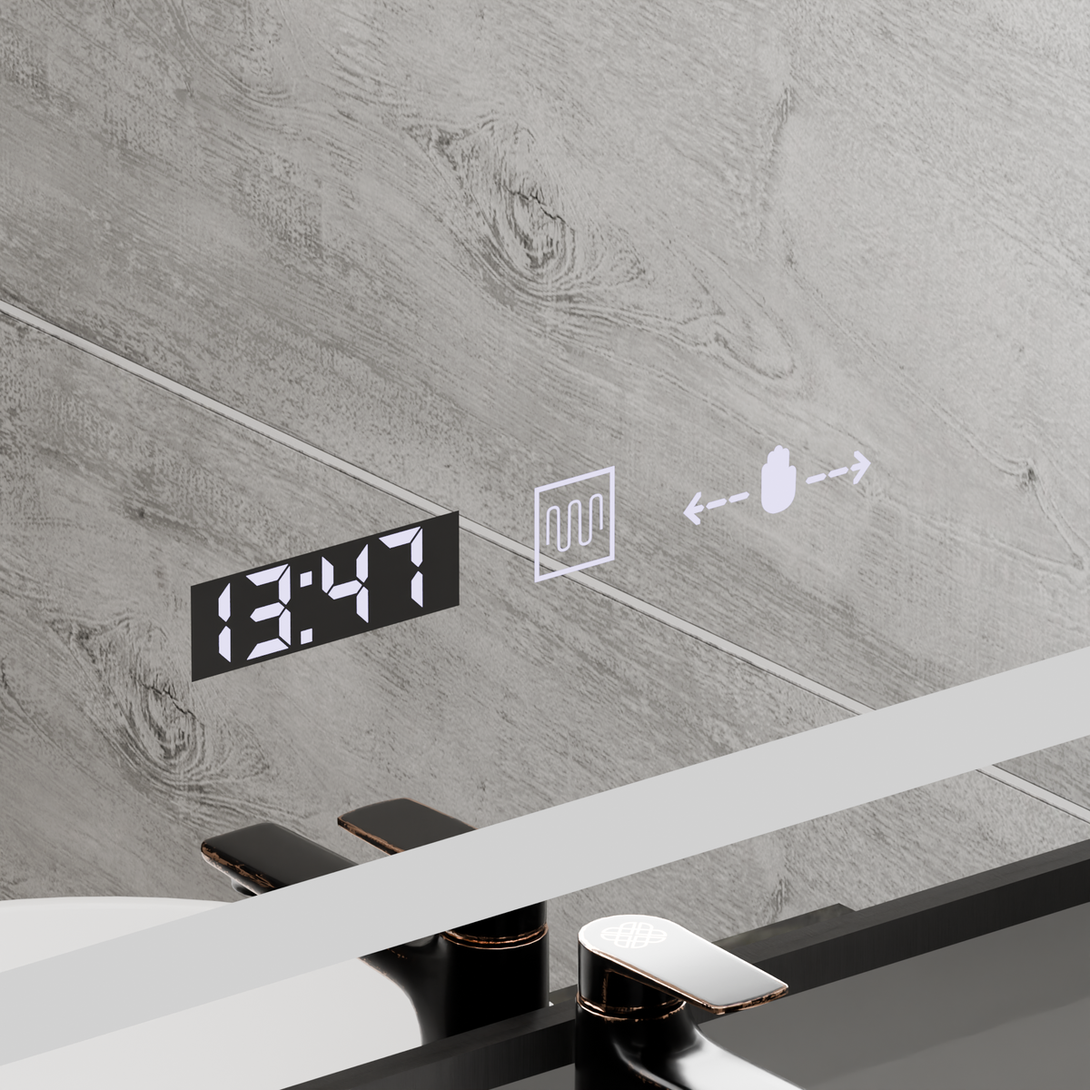 Oglinda LED Rectangulara, 50x70cm, Verite Majeste Noir Motion Glow Marcello, Sistem Dezaburire, Ceas & Termometru, Dimabila