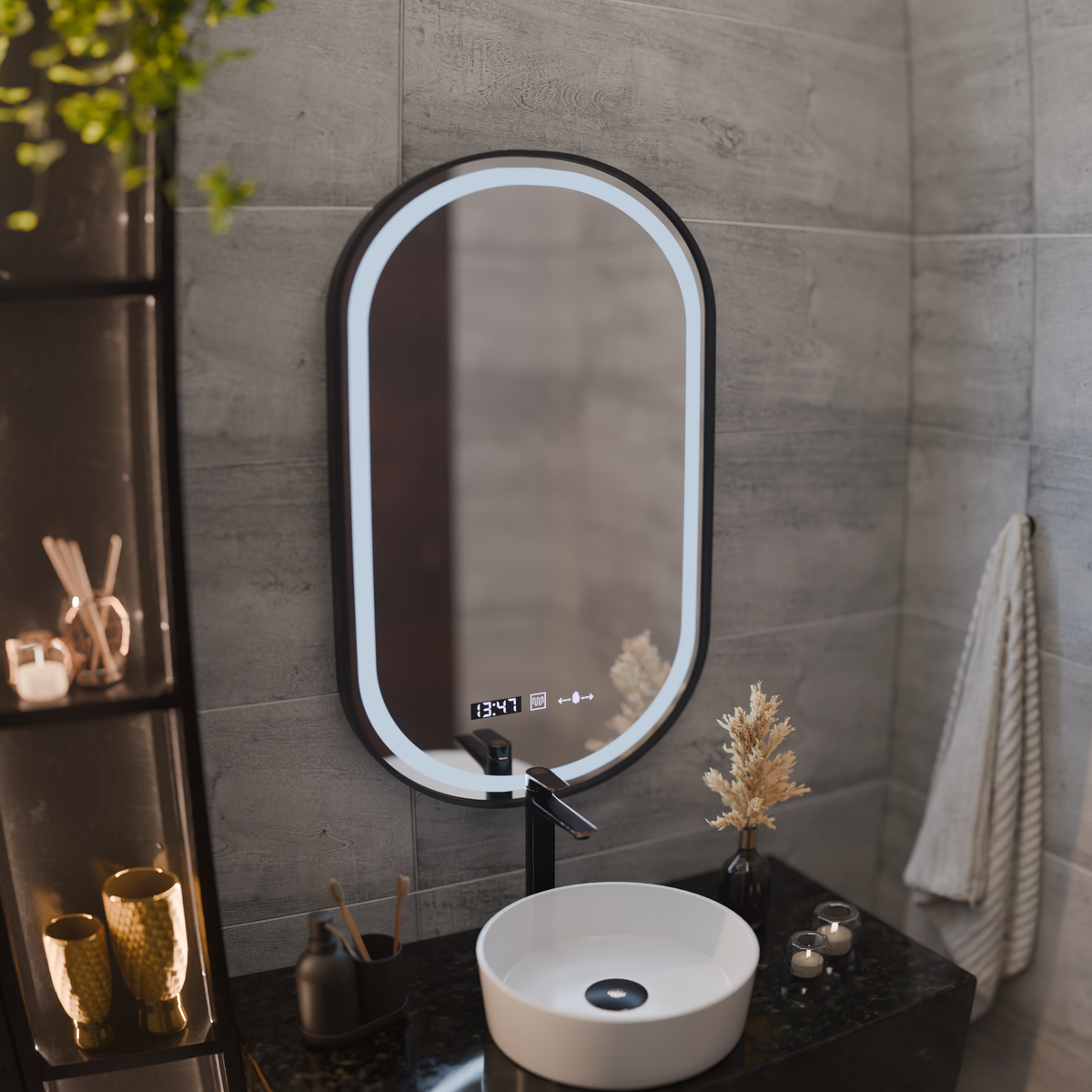 Helmut Touch LED Mirror, Defog System, Clock and Temperature 45x90 cm, Black Frame, Brushed, AT1CT-IM1P-OG1D-S15/45X90,