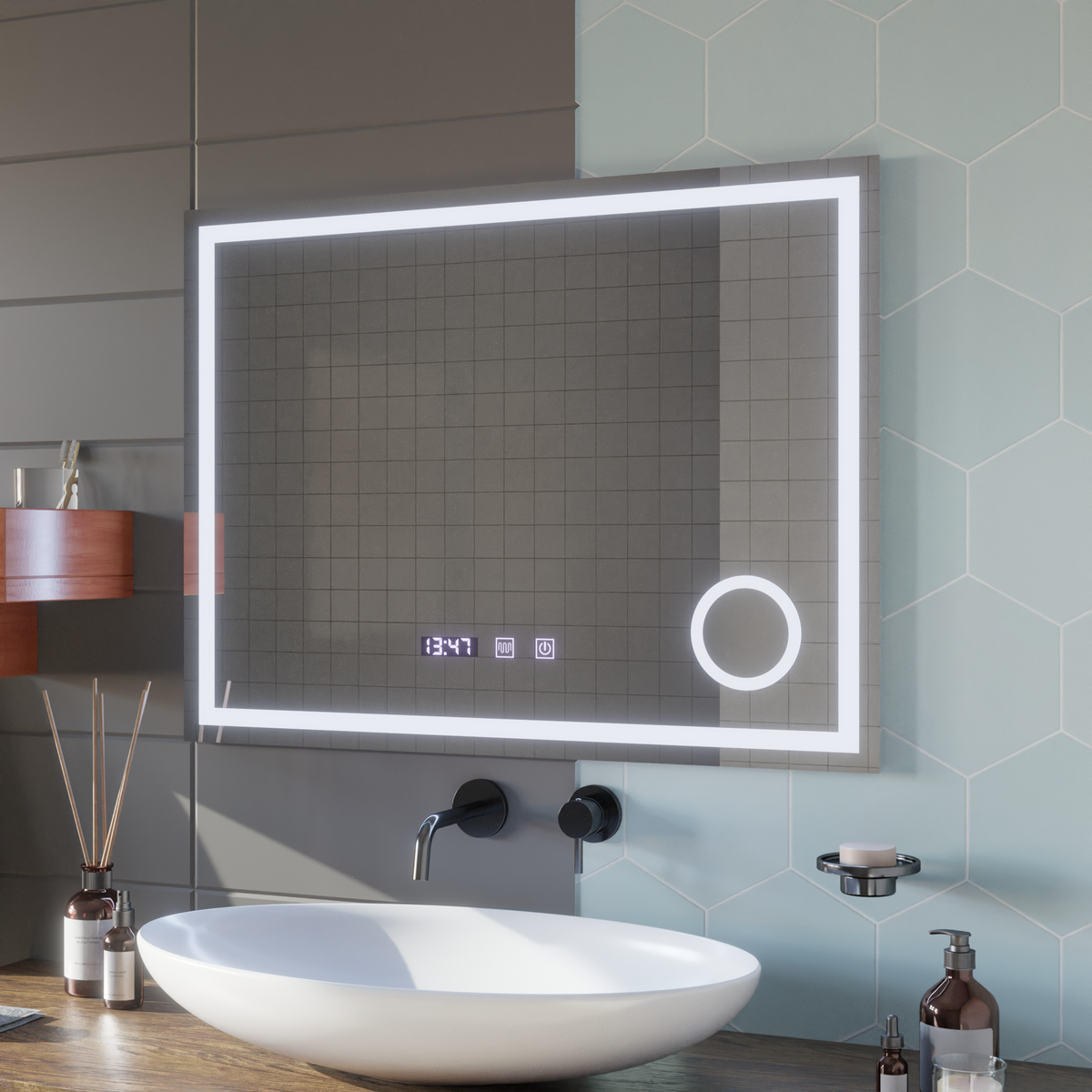 Oglinda LED Touch NIVERA Sistem Dezaburire, Ceas si Temperatura 80x60 cm Lupa Cosmetica, imaginea 4