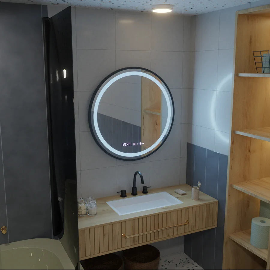 Oglinda LED Rotunda, 60cm, Celeste Majeste Noir Eleve MotionGlow Marcello, Sistem Dezaburire, Ceas & Termometru, Dimabila