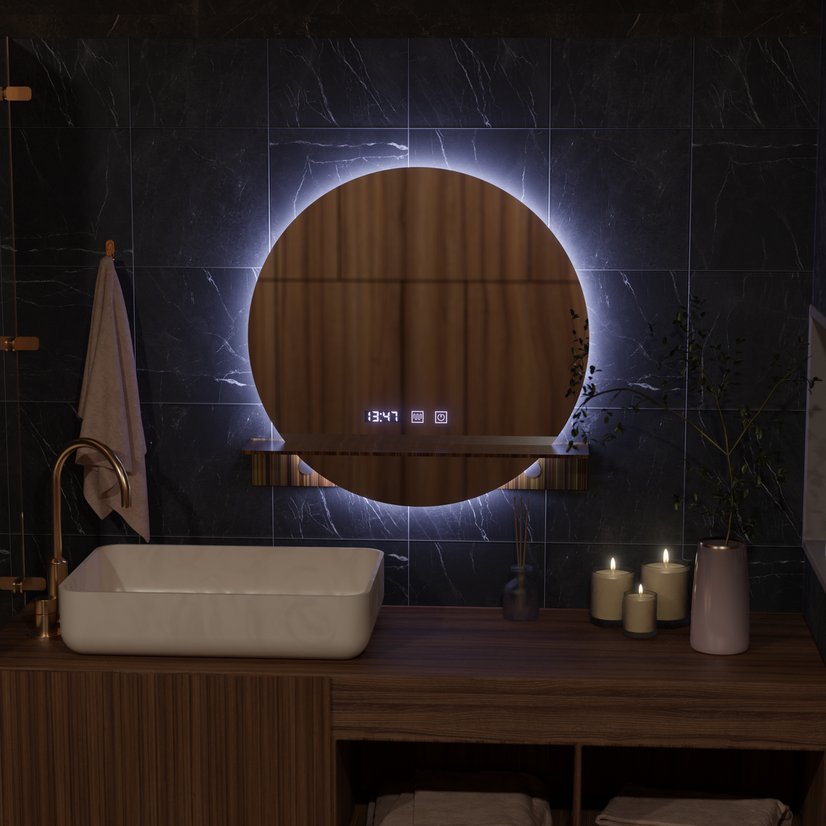 Oglinda LED Touch Alfred Sistem Dezaburire, Ceas si Temperatura 60x60 cm Cu Suport Integrat