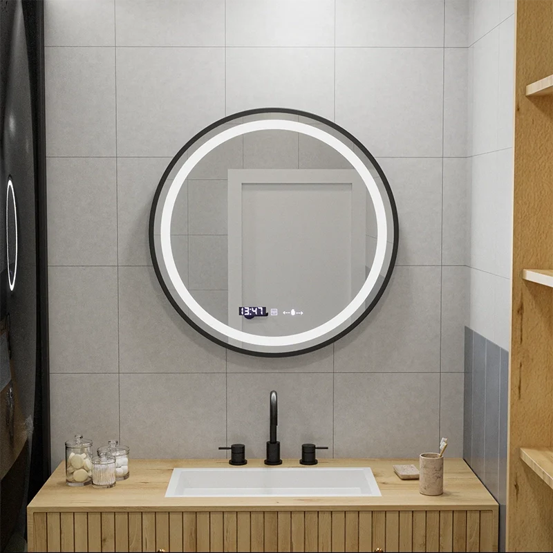 Oglinda LED Rotunda, 70cm, Celeste Majeste Noir MotionGlow Marcello, Sistem Dezaburire, Ceas & Termometru, Dimabila W11/70X70