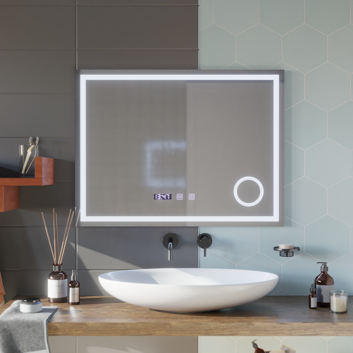 Oglinda LED Touch NIVERA Sistem Dezaburire, Ceas si Temperatura 80x60 cm Lupa Cosmetica, imaginea 7