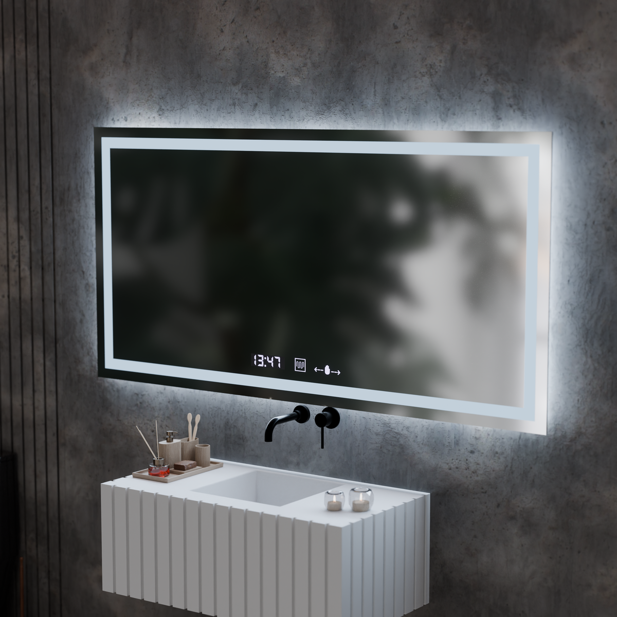 Oglinda LED Rectangulara, 120x60cm, Verite MotionGlow Marcello, Sistem Dezaburire, Ceas & Termometru, Dimabila