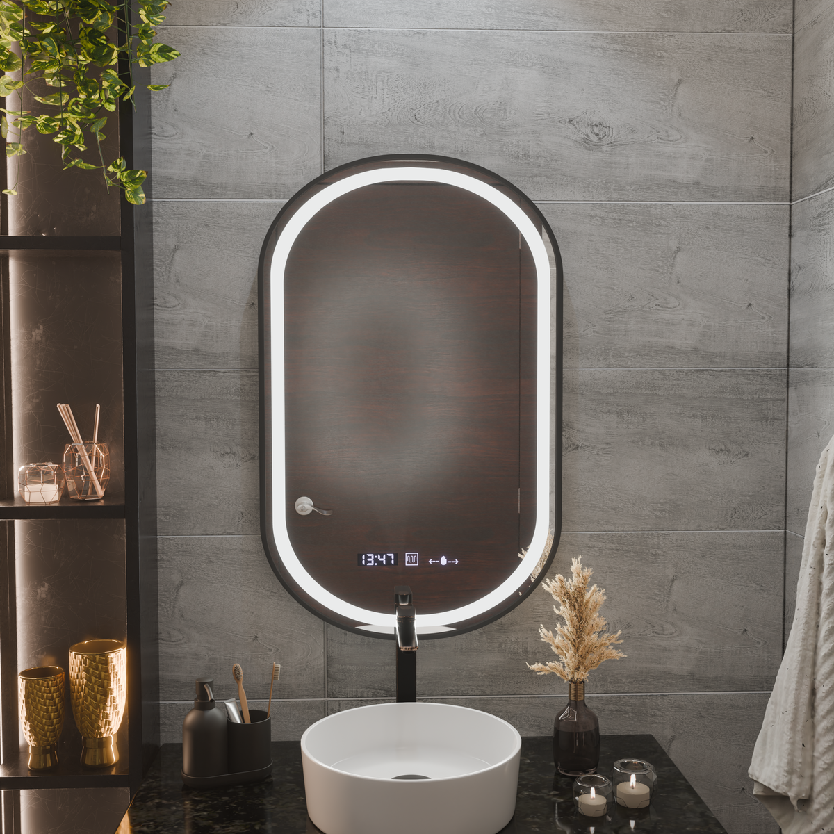 Helmut Touch LED Mirror, Defog System, Clock and Temperature 45x90 cm, Black Frame, Brushed, AT1CT-IM1P-OG1D-S15/45X90,
