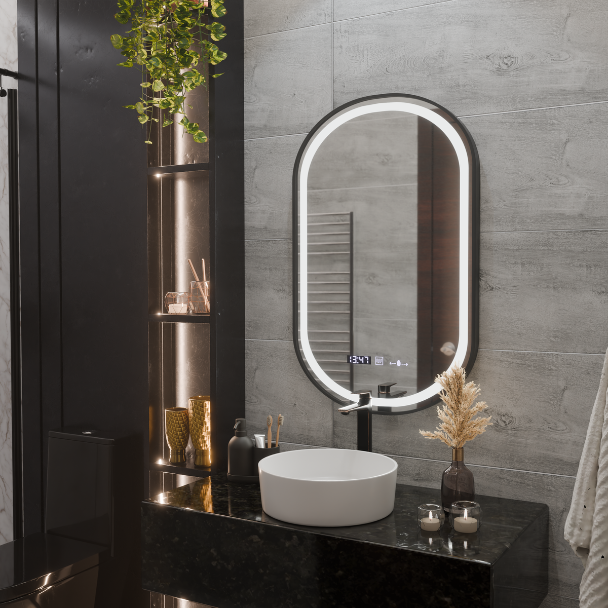 Oglinda LED Touch Helmut Sistem Dezaburire, Ceas si Temperatura 50x80 cm Rama Negru Brushed Marcello Funghi