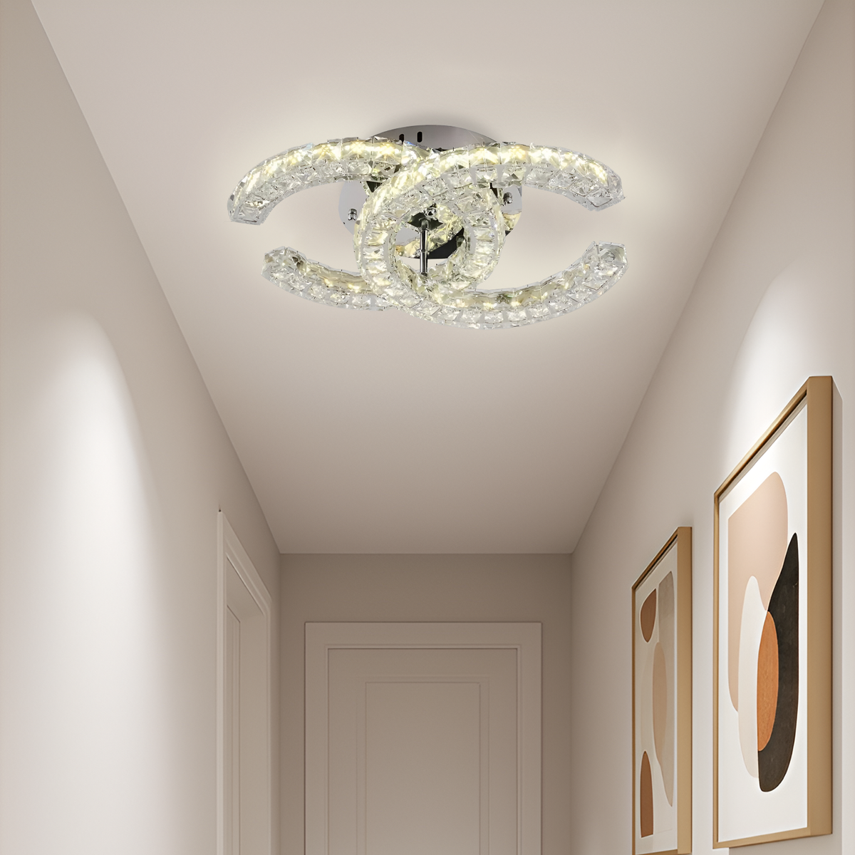 Lustra LED cu telecomanda si cristal SHIA 27.1W, 2 Cercuri, lumina Rece/Calda/Neutra, Dimabila, Crom Lucios