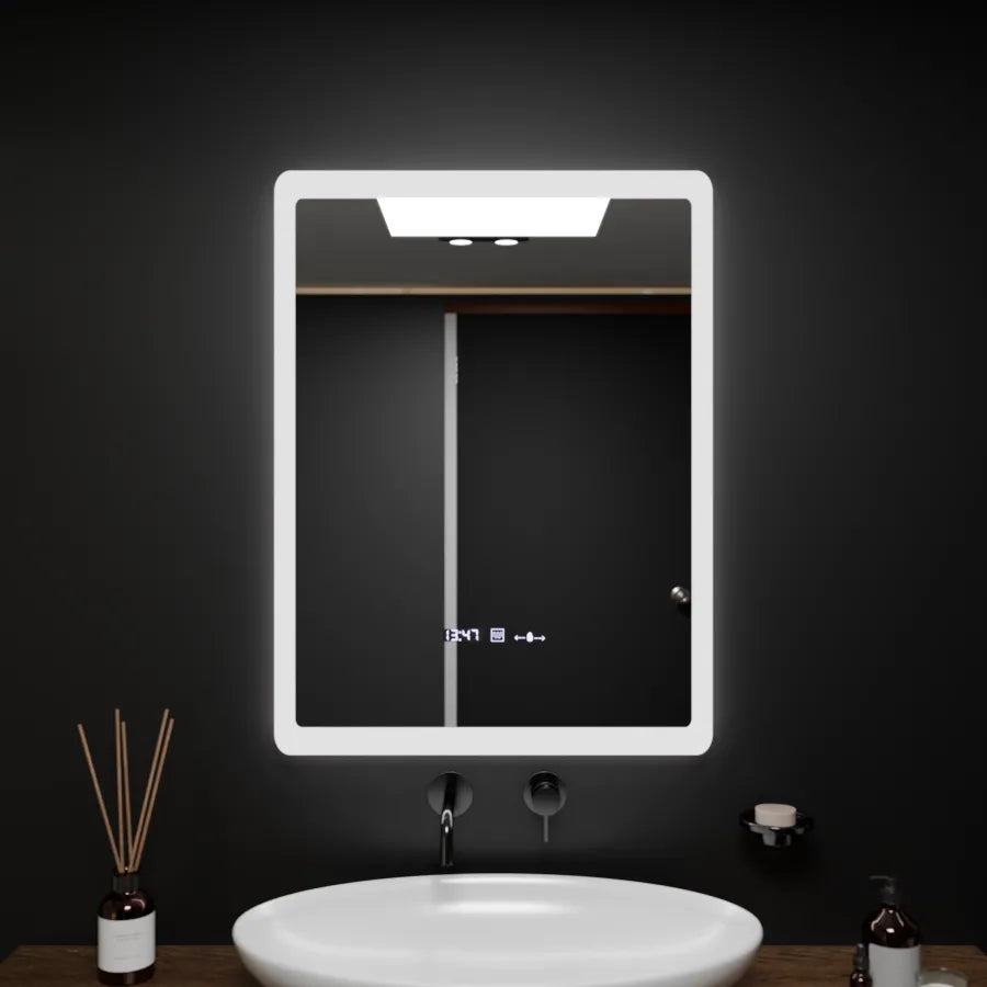 Oglinda LED Rectangulara, 60x80cm, ELANCEE Senzor MotionGlow Marcello, Sistem Dezaburire, Ceas & Termometru, Dimabila
