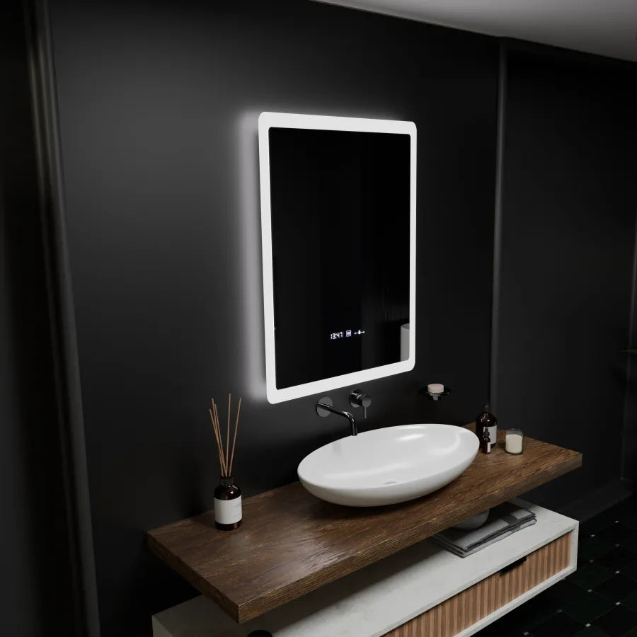 Oglinda LED Rectangulara, 60x80cm, ELANCEE Senzor MotionGlow Marcello, Sistem Dezaburire, Ceas & Termometru, Dimabila