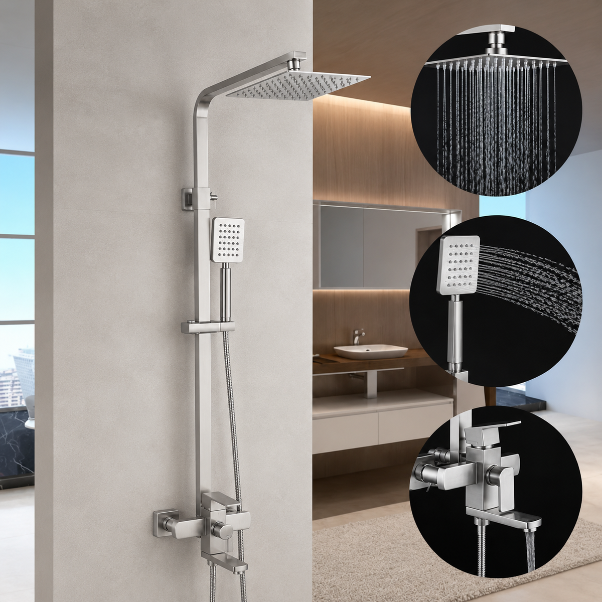 SET Coloana de dus cu baterie, Inox, para patrata, efect ploaie, 3 functii, montare pe perete, Satinat, Accesorii Incluse, LY005, imaginea 1
