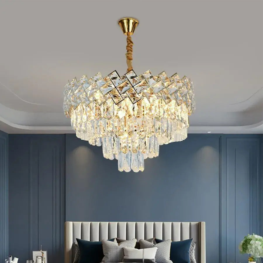 Candelabru Cristal WINDSOR Eleganza 8x E14, Diametru 39cm, Auriu Lucios, Inaltime Reglabila, Metal si Cristal